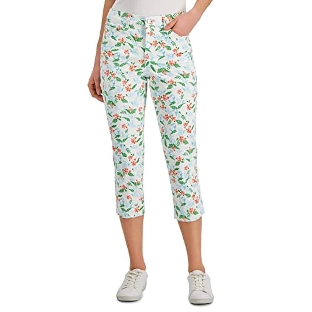 NEW Charter Club Pants White Floral Tropical Birds Stretch Cropped Summer Casual